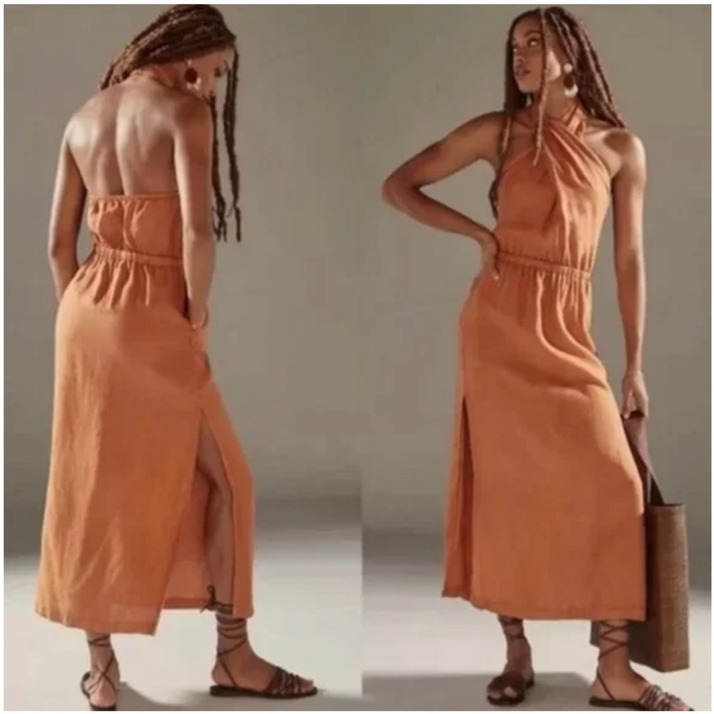 Cloth and stone linen Halter Neck burnt Orange Dress